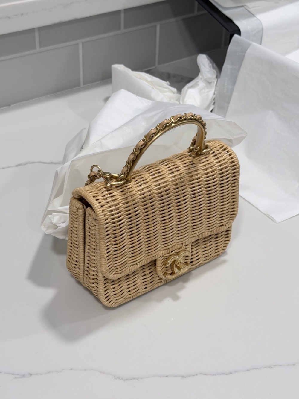 Chanel Mini Flap Bag with Top Handle Beige Braided Rattan Gold-Tone Hardware